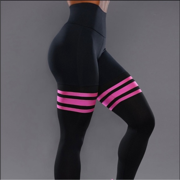 Bombshell Sportswear Thigh High Sock leggings Hot Pink Neon Black Sz S - Picture 2 of 16